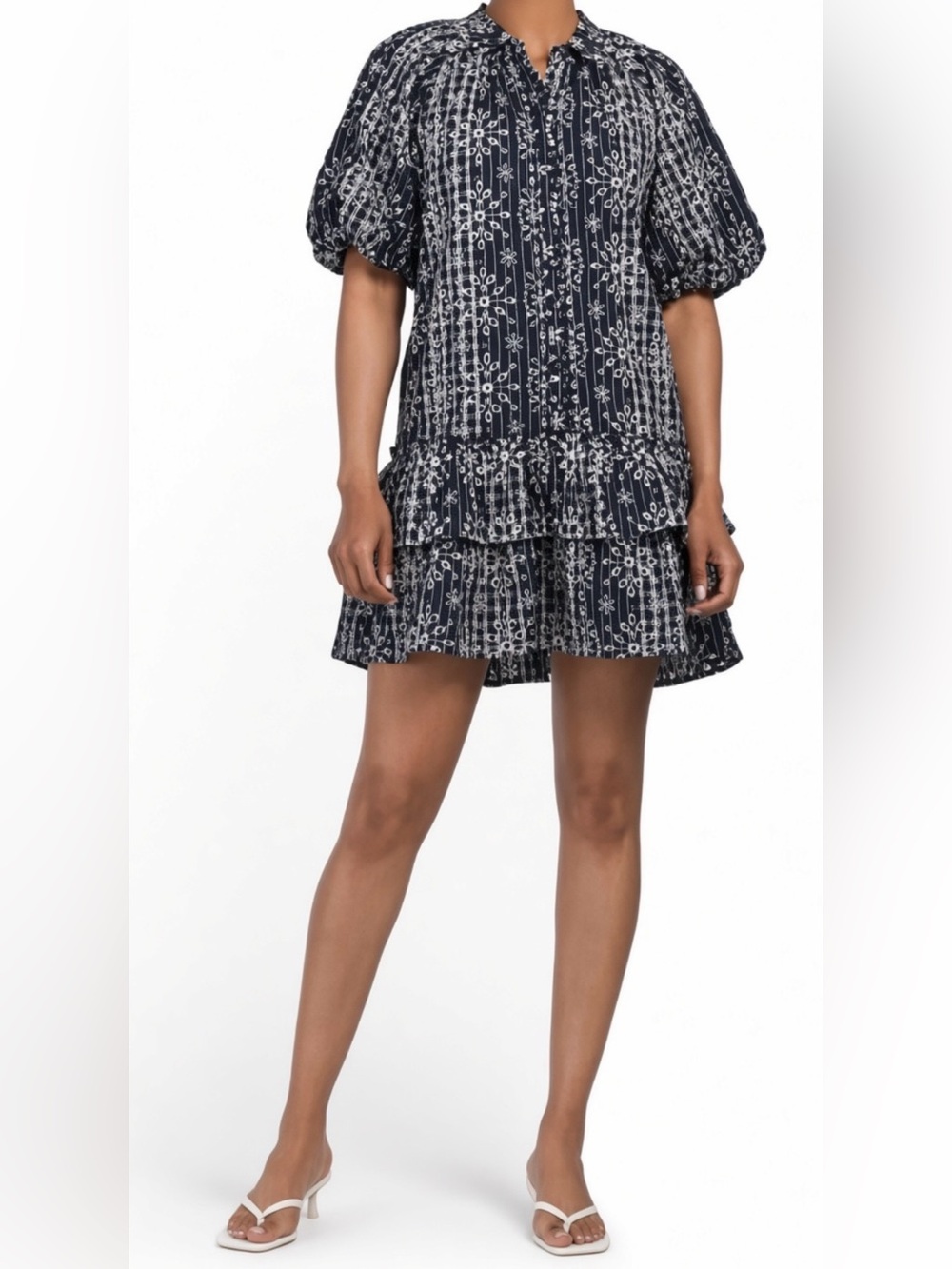AUERUM Navy White Eyelet Puff Sleeve Tiered Mini Dress
